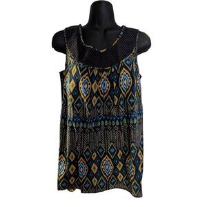 Womens Izod Blue Green Tribal Print Crochet Crew Neck Tank Top Shirt Small S